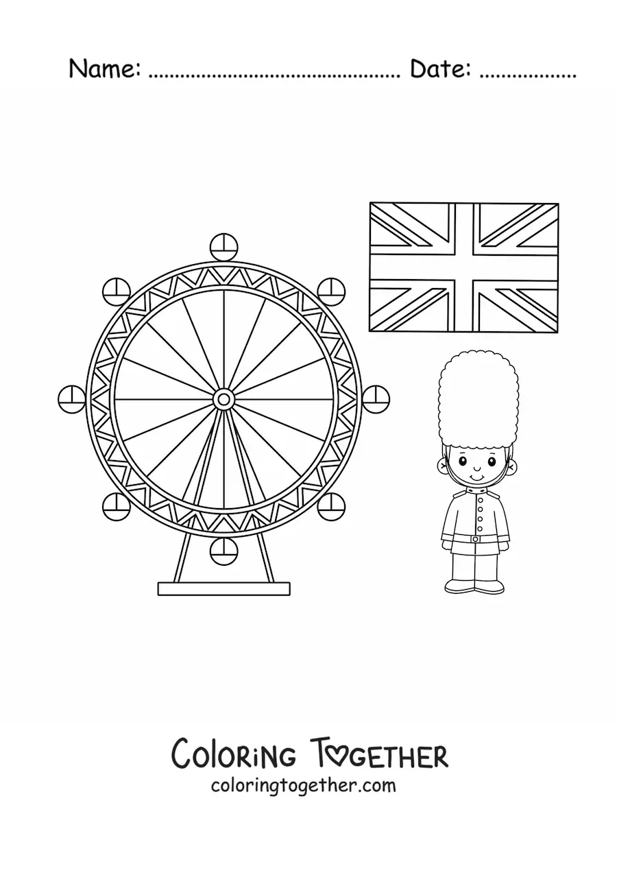 Coloring page of the flag of the United Kingdom with the London Eye