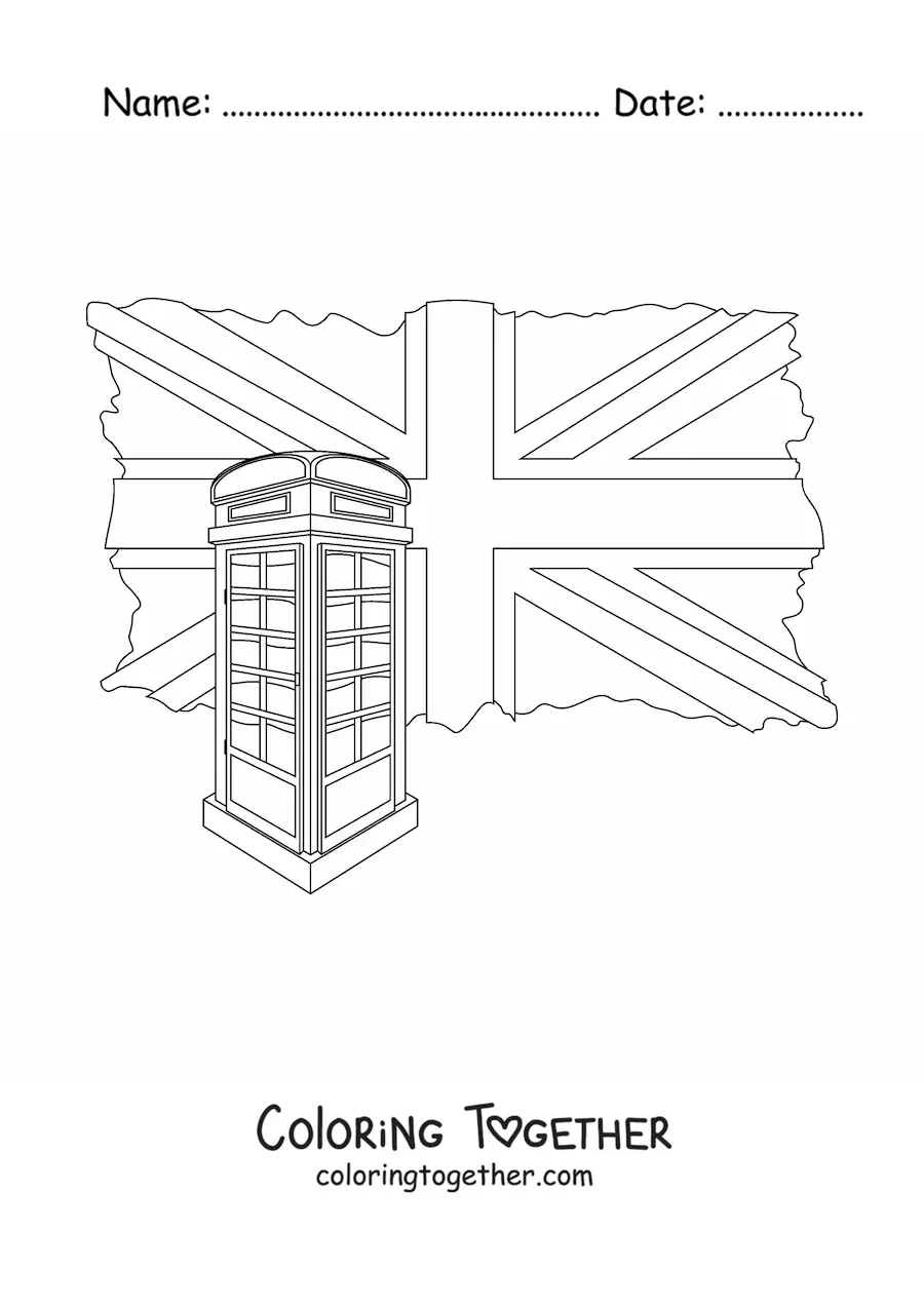 Coloring page of the flag of the United Kingdom and a telephone booth