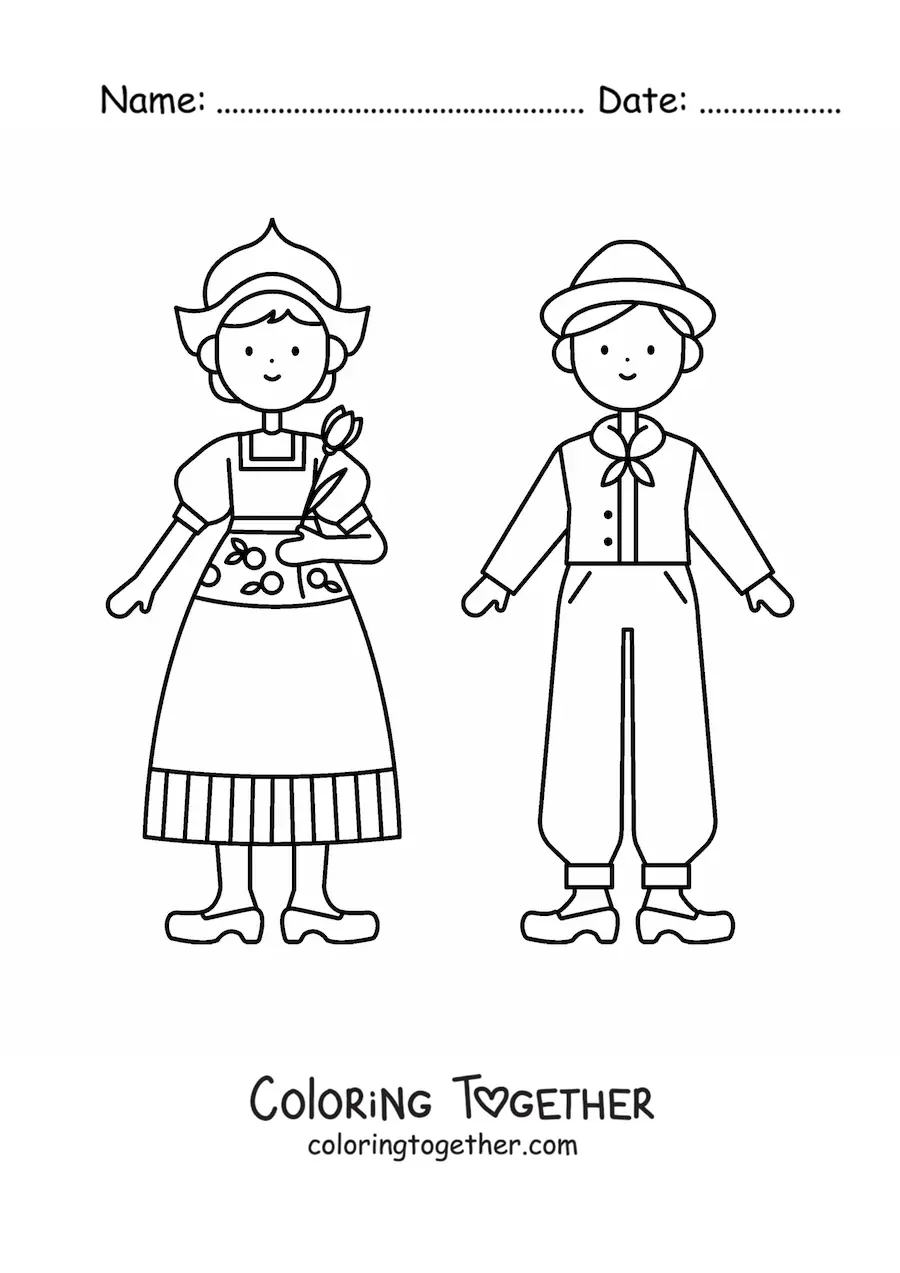 Coloring page of a couple in traditional costume from the Netherlands