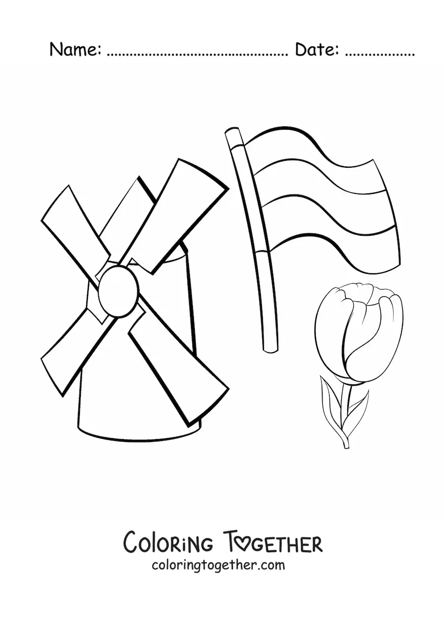 Coloring page of a windmill with the flag of the Netherlands and a tulip