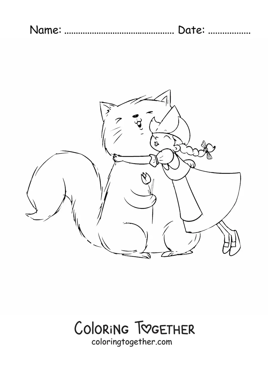 Coloring page of a Dutch girl with a cartoon cat