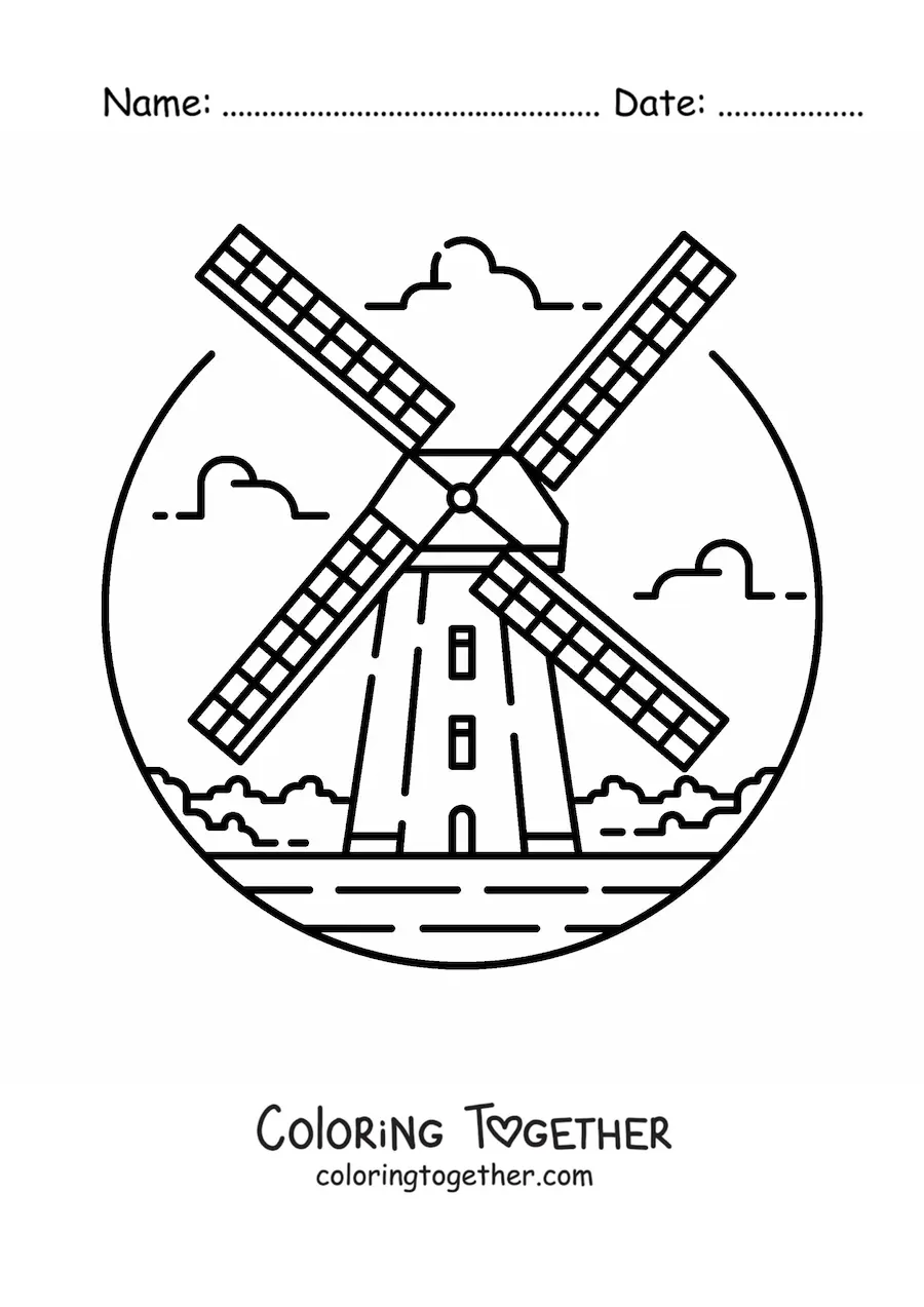Coloring page of a Dutch windmill