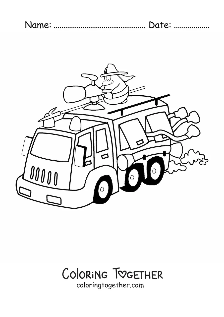 Coloring page of a cartoon firefighter penguin