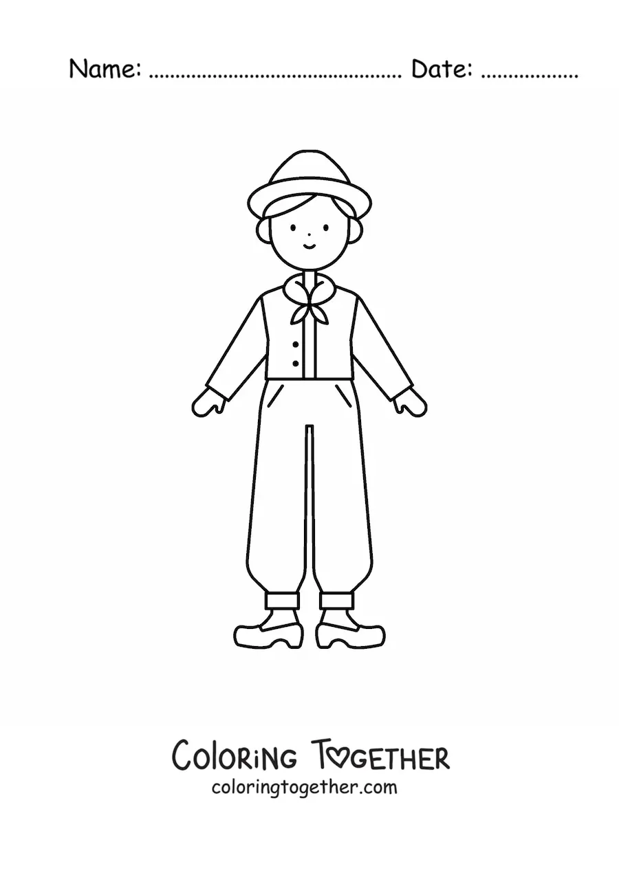 Coloring page of a Dutch boy in a traditional costume