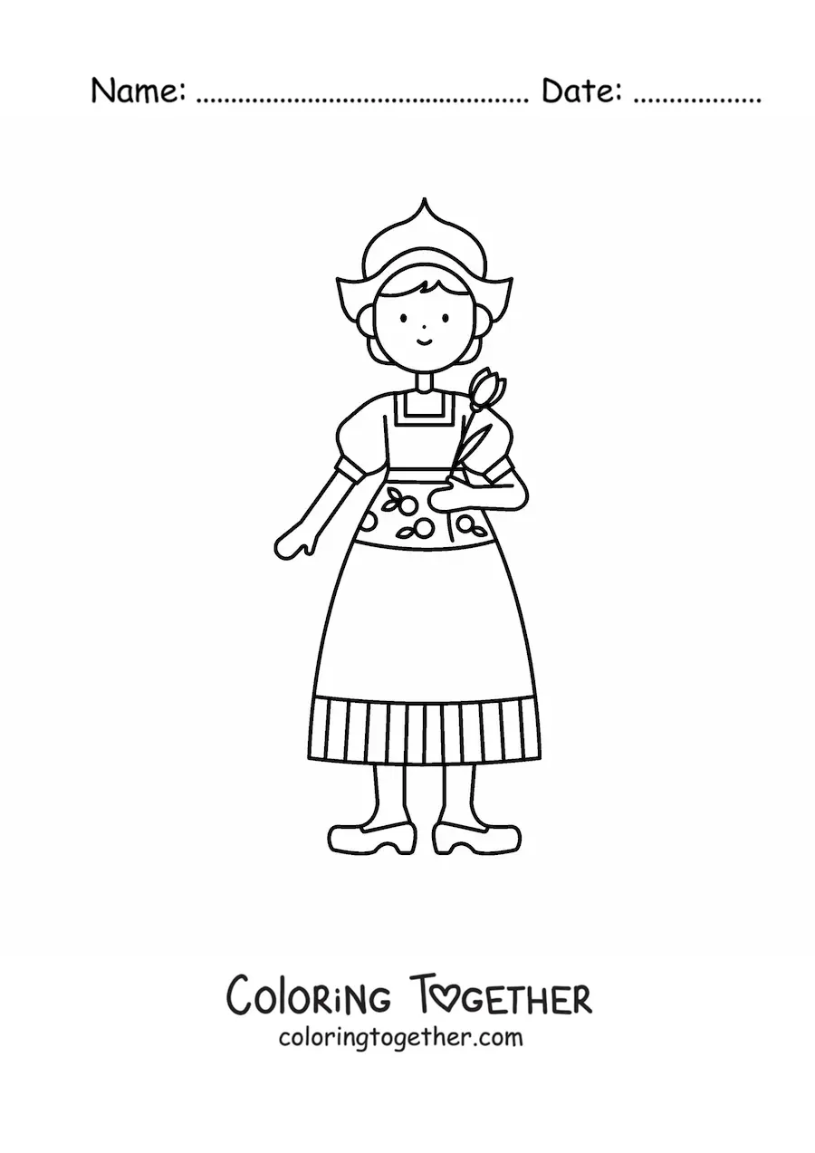 Coloring page of a Dutch girl in a traditional costume