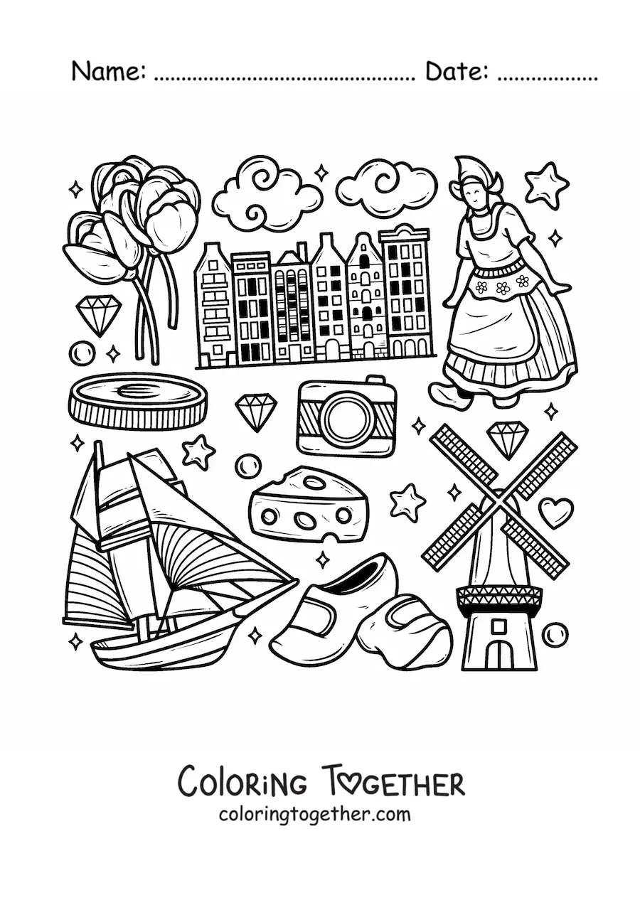 Coloring page of clogs and symbols of the culture of the Netherlands