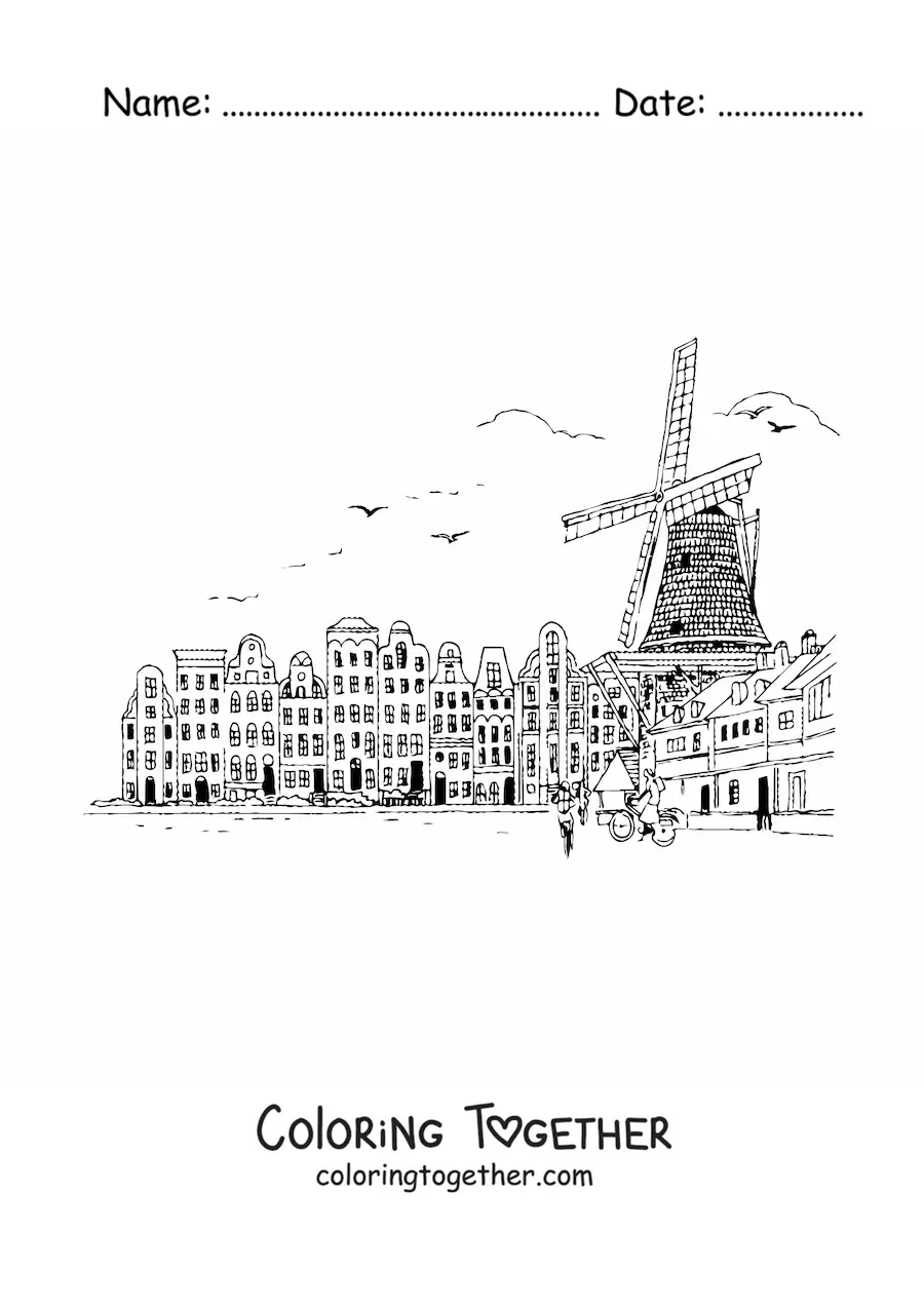 Coloring page of a landscape of the city of Amsterdam