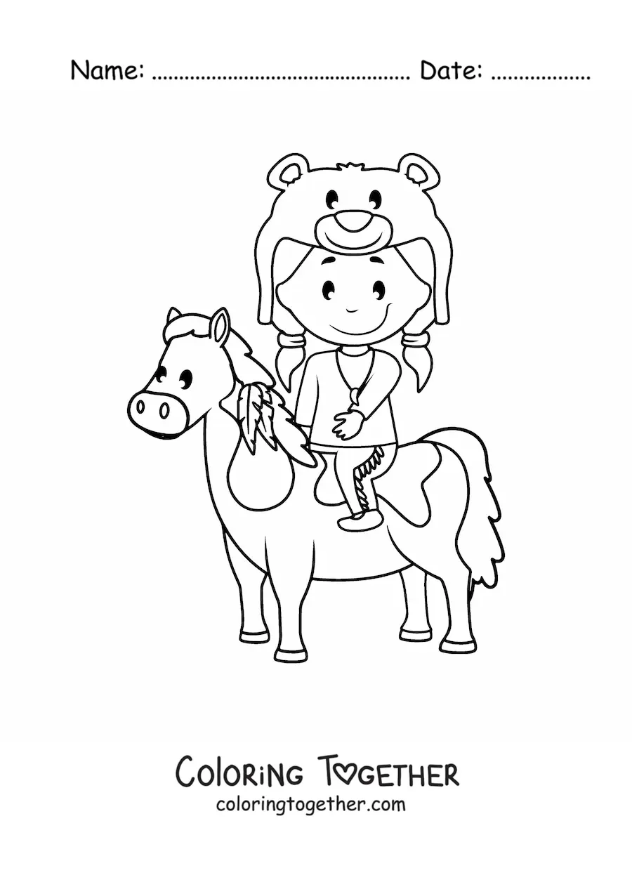 Coloring page of a Native American child riding a horse