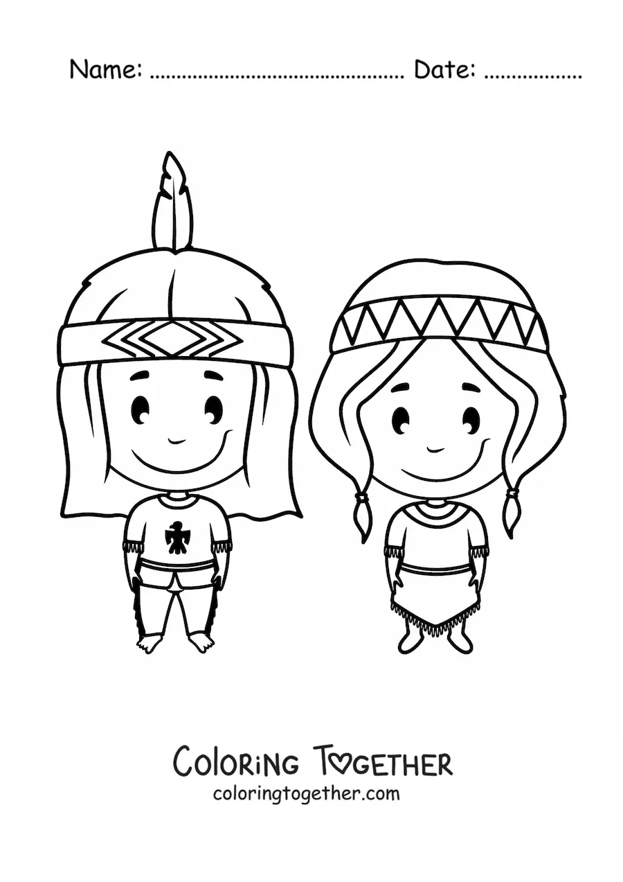 Coloring page of Native American children
