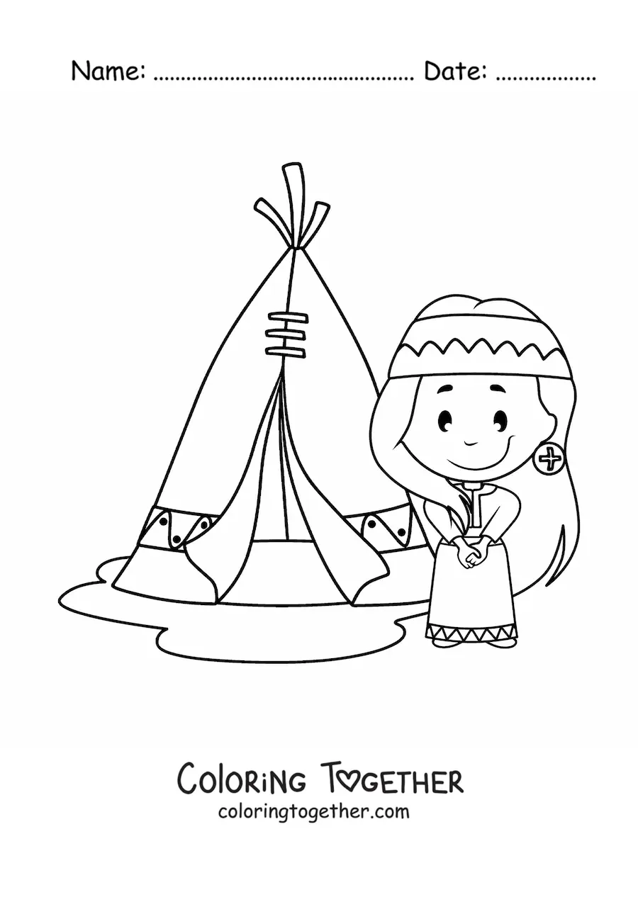 Coloring page of a Native American girl next to a tipi