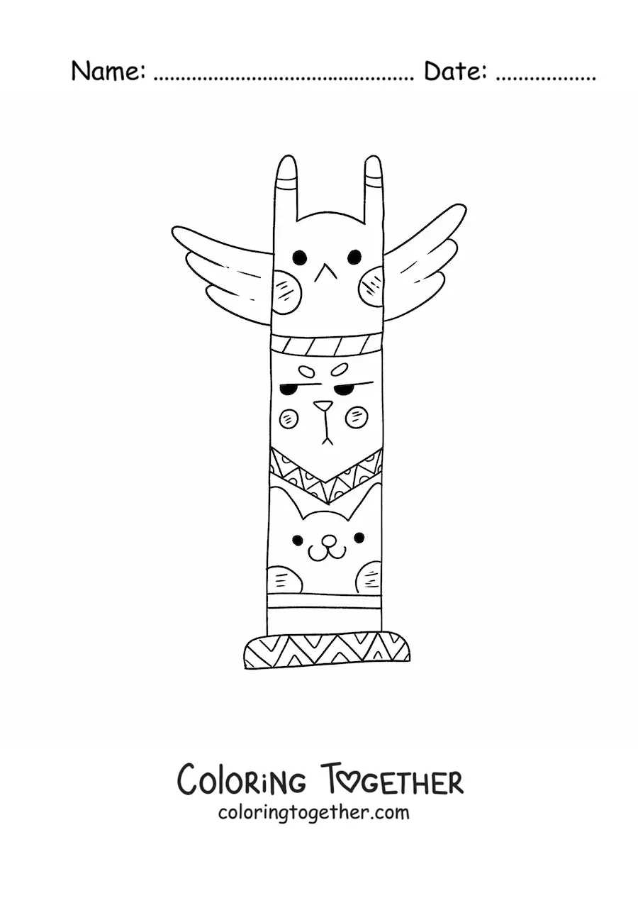 Coloring page of a cute kawaii cartoon Native American totem
