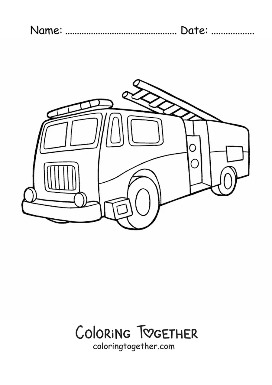 Coloring page of a fire truck with the ladder slightly raised