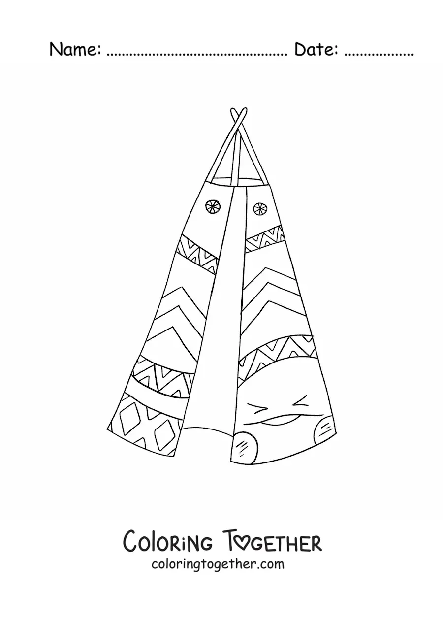 Coloring page of a cute kawaii cartoon Native American tipi
