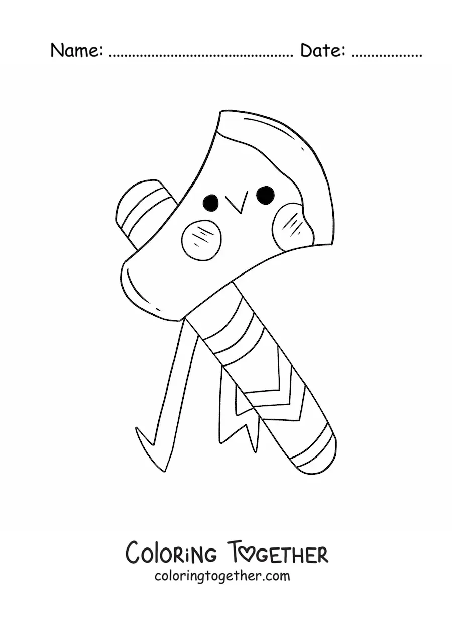 Coloring page of a cute kawaii cartoon Native American tribe axe