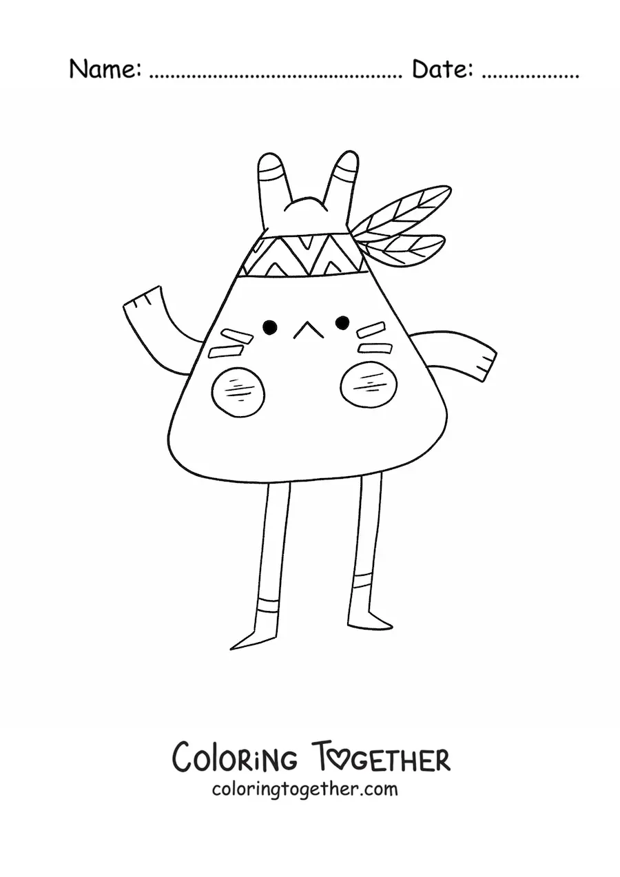 Coloring page of a cute kawaii cartoon Native American