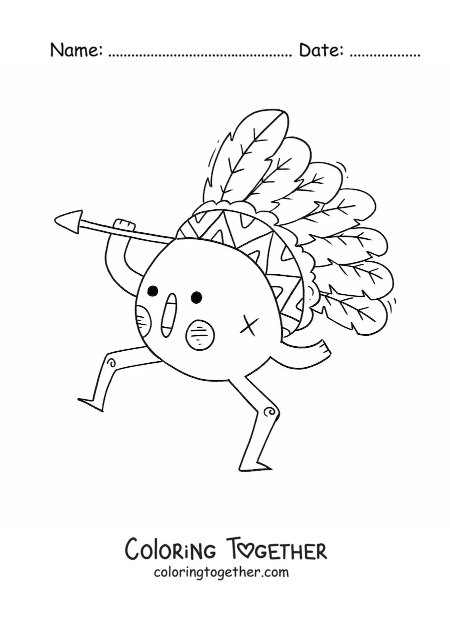 Coloring page of a cute kawaii cartoon Native American with feathers