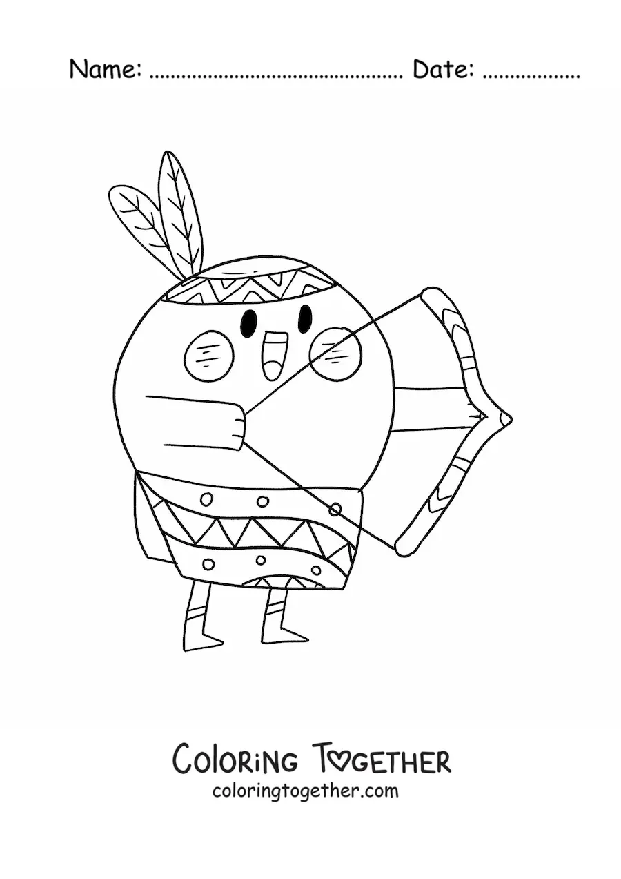 Coloring page of a cute kawaii cartoon Native American with bow and arrows