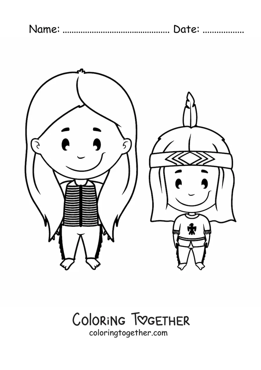 Coloring page of a mother and child of a Native American tribe