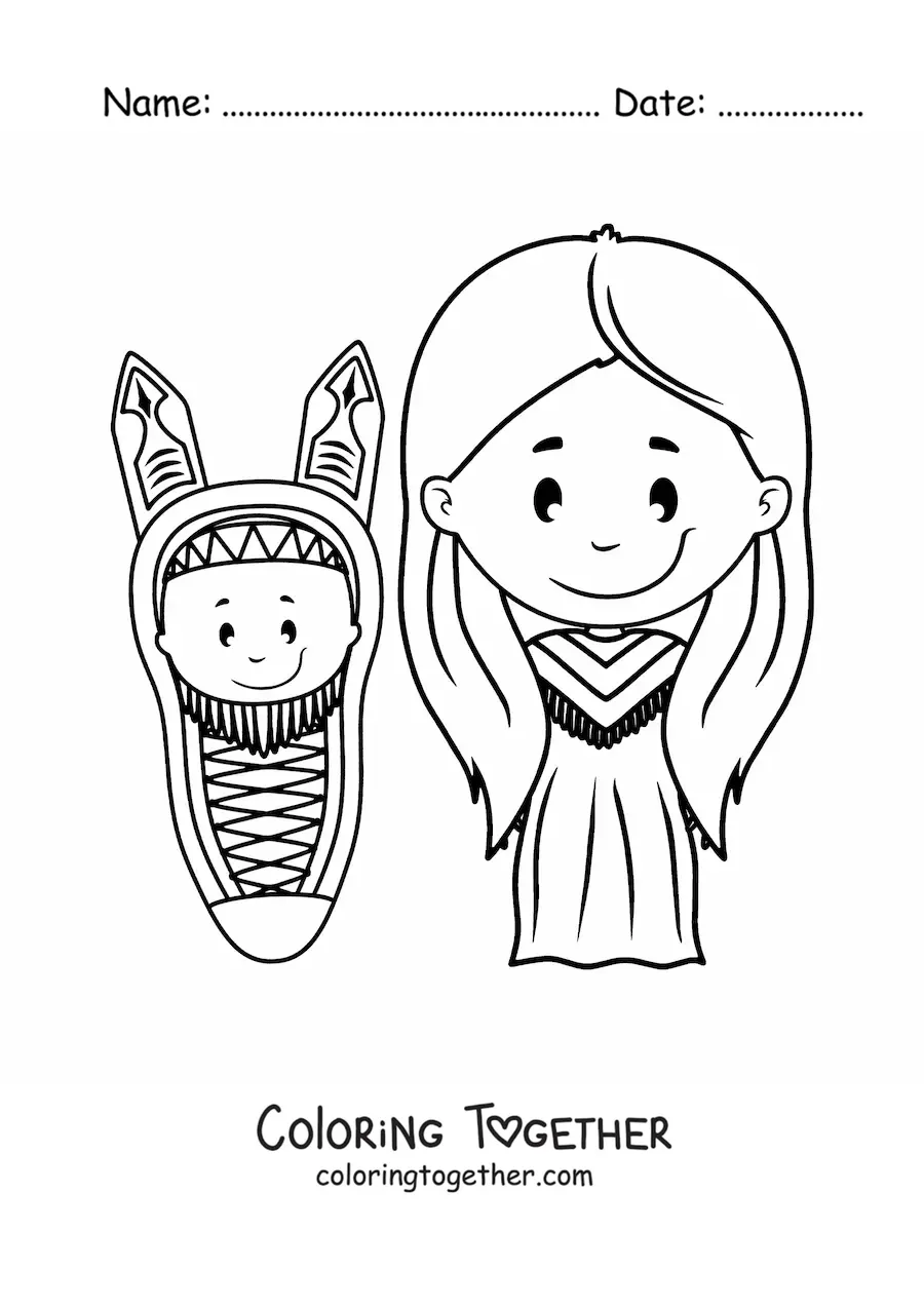 Coloring page of a Native American tribe family