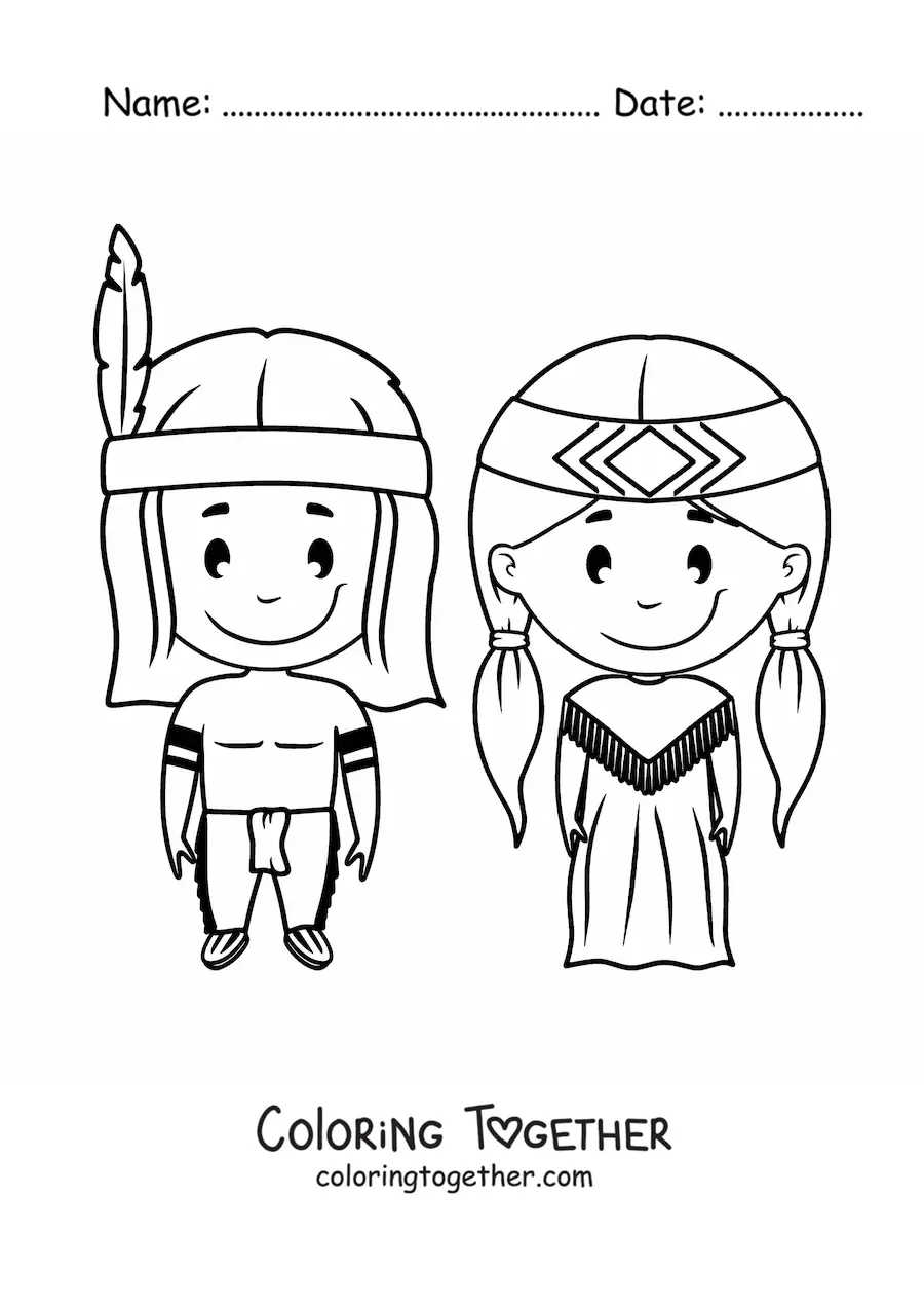 Coloring page of kawaii Native Americans