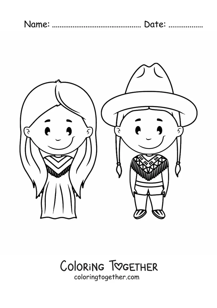 Coloring page of a cartoon cowboy and Native American