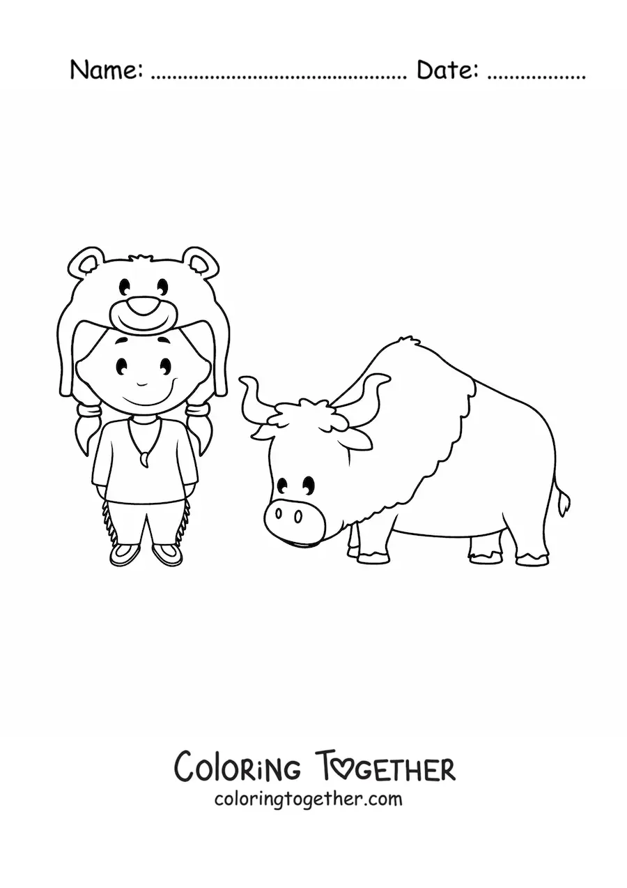 Coloring page of a cute kawaii cartoon Native American with an ox