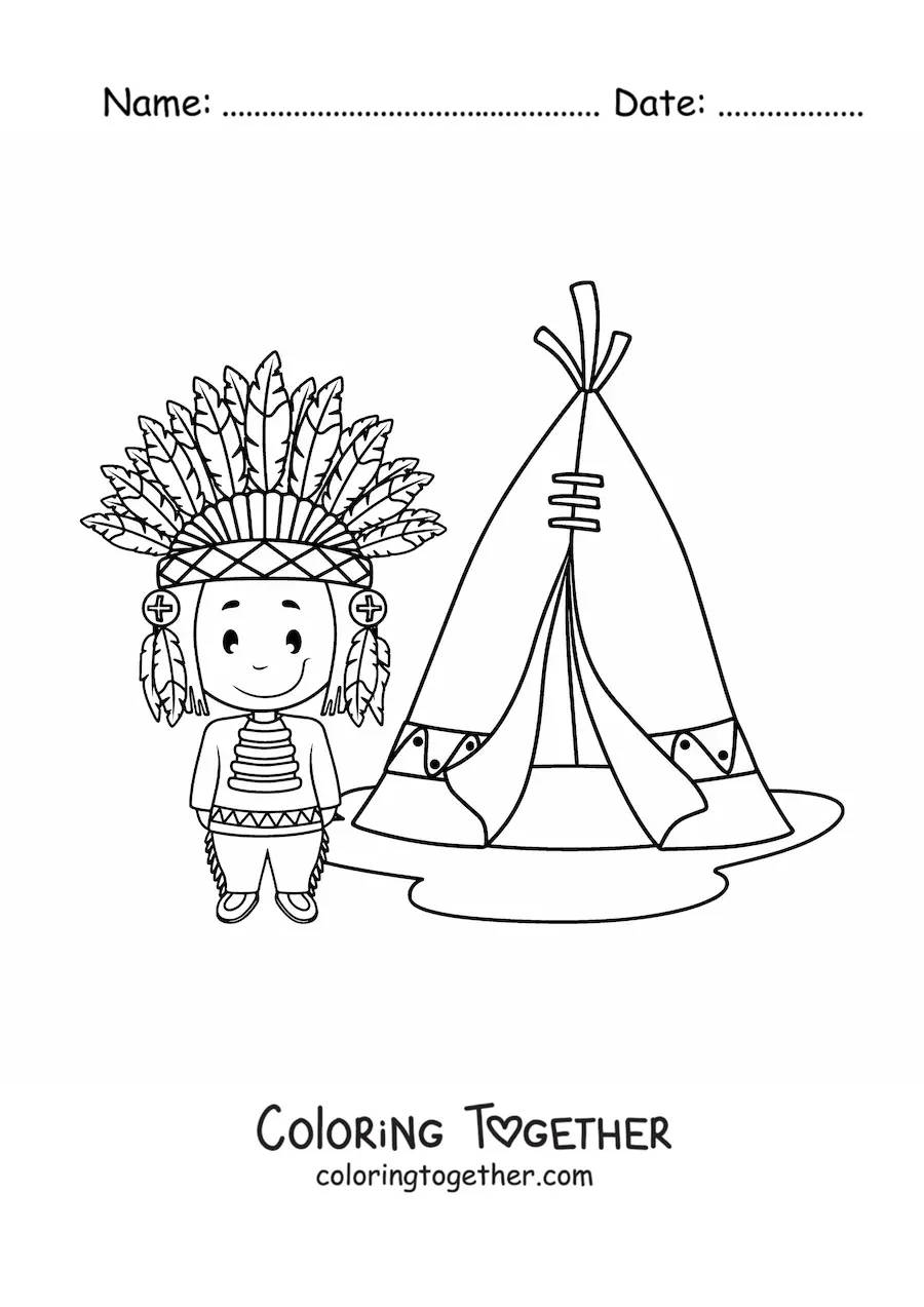 Coloring page of a cartoon Native American with a feather headdress next to a tipi