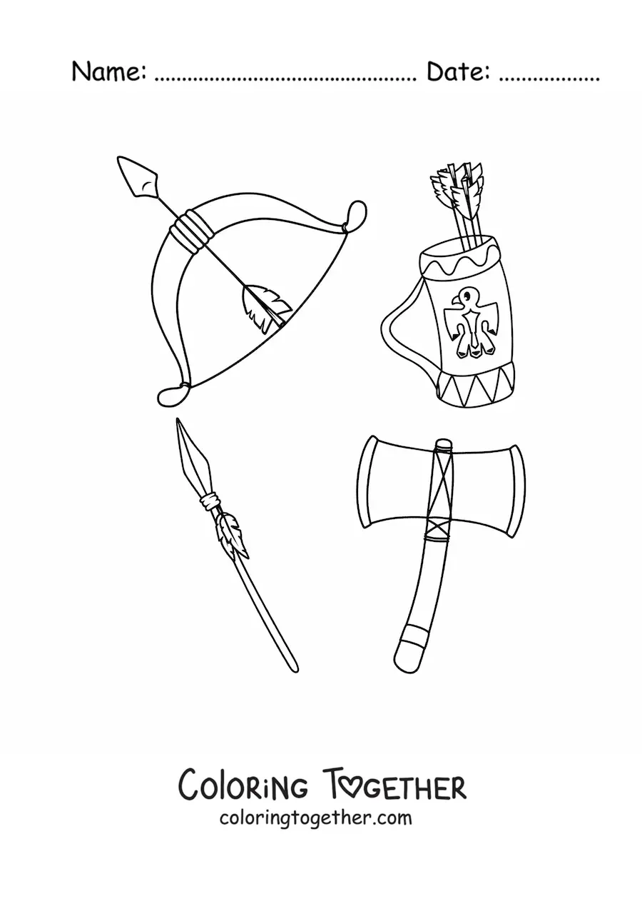 Coloring page of Native American tribal weapons