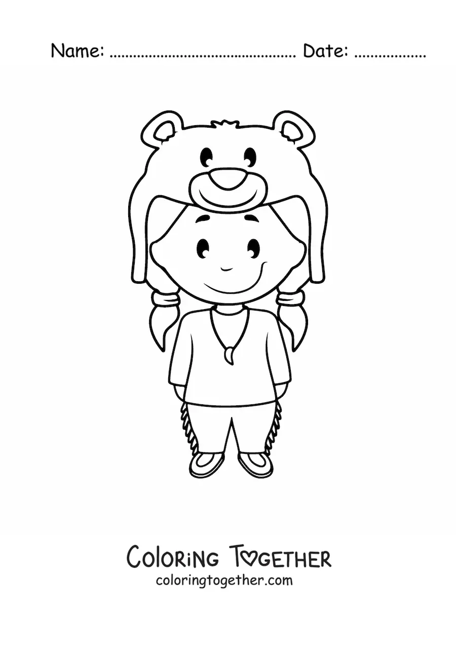 Coloring page of a cartoon Native American girl with a bear skin