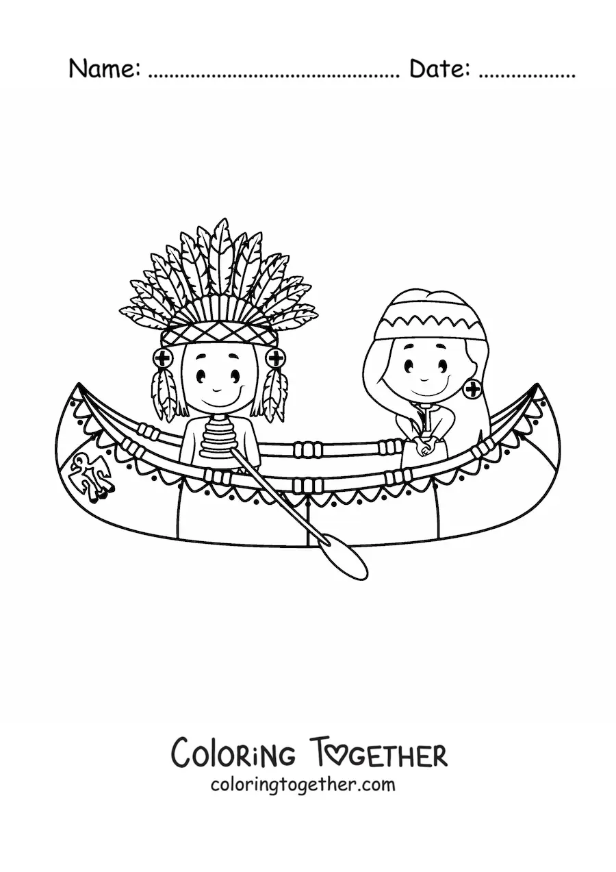 Coloring page of cartoon Native Americans in a canoe