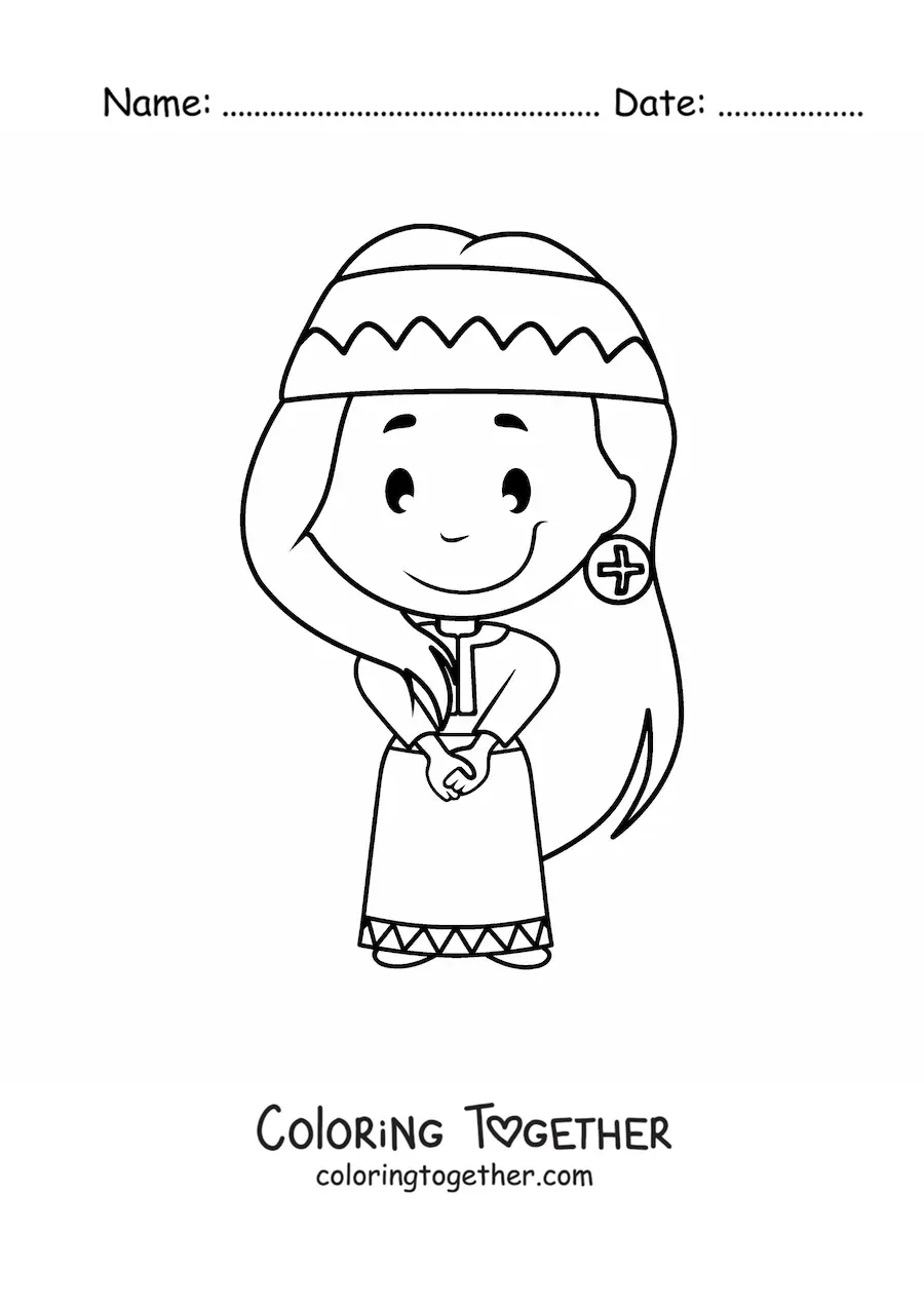 Coloring page of a cartoon woman of a Native American tribe