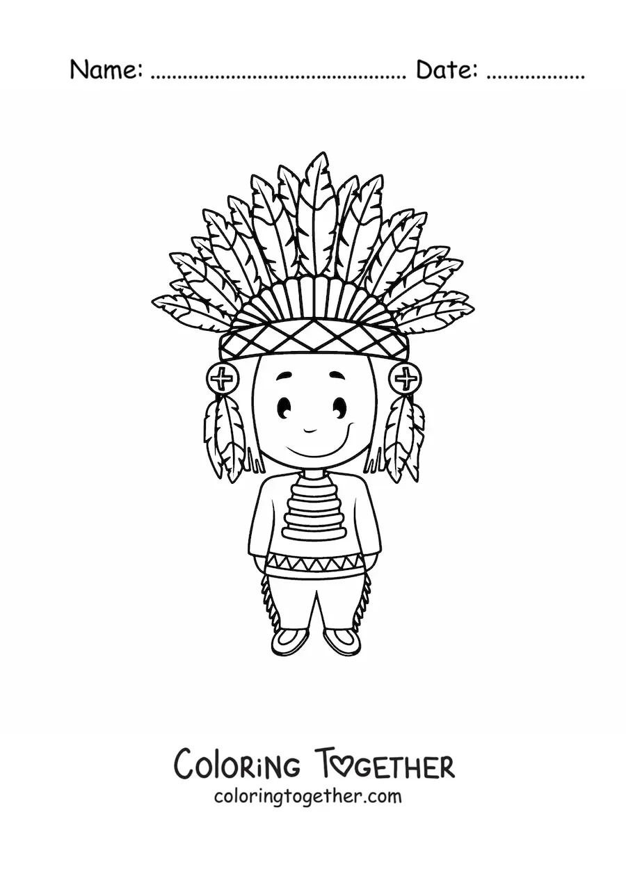 Coloring page of a Native American tribe member with a feather headdress