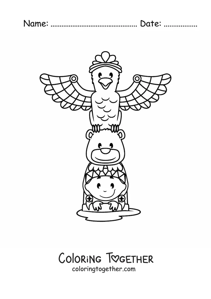 Coloring page of a cute kawaii cartoon Native American tribal totem