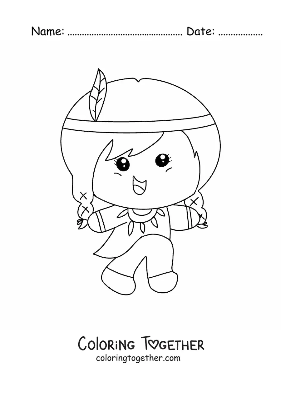 Coloring page of a cute kawaii cartoon Native American tribe girl