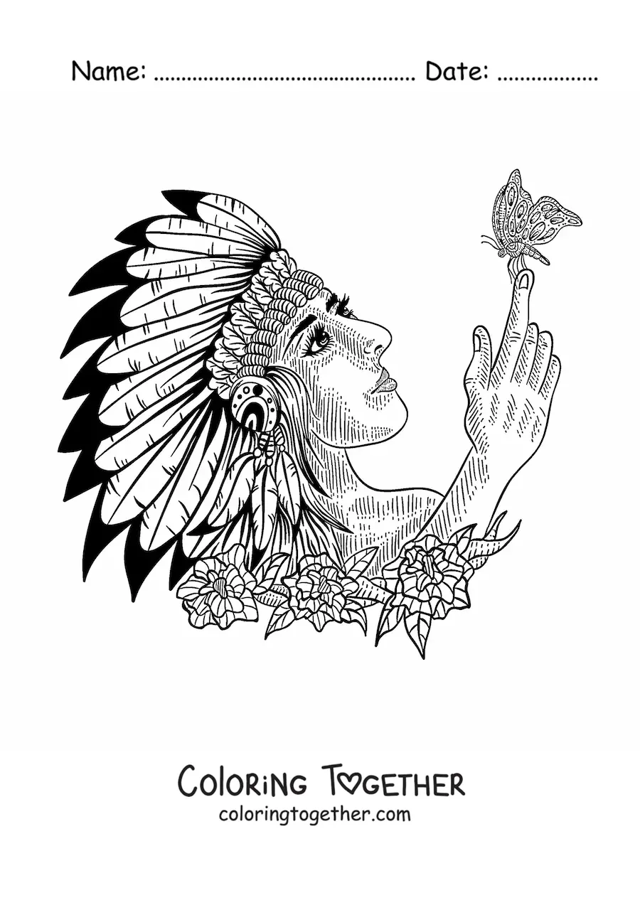 Coloring page of a Native American tribe member with a feather headdress and a butterfly