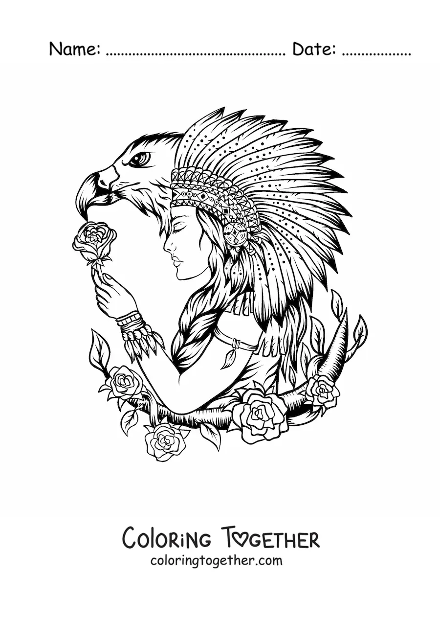 Coloring page of a Native American tribe member with a feather headdress and an eagle