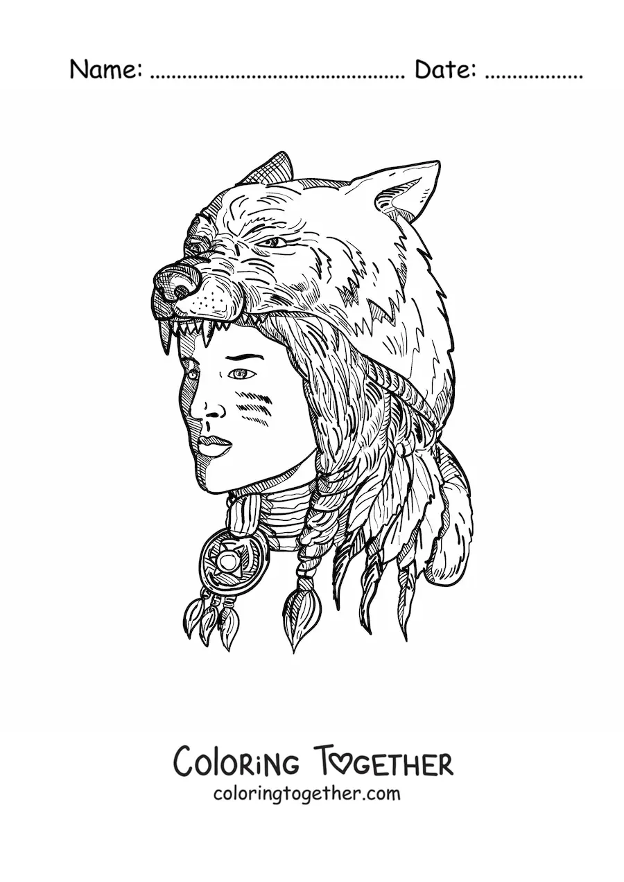 Coloring page of a realistic Native American tribe member with a bear skin