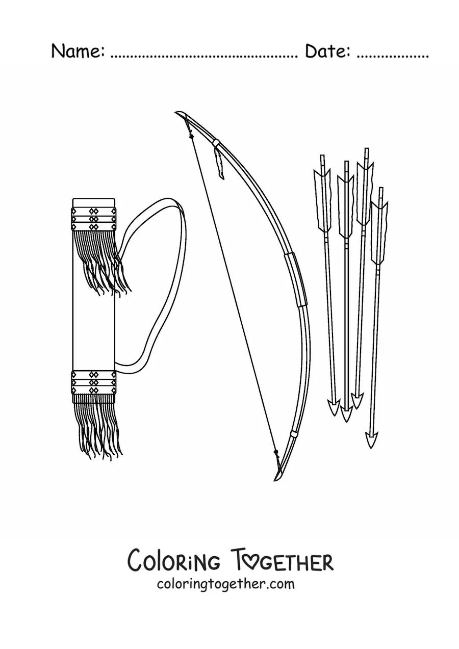 Coloring page of Native American tribal arrows and bow