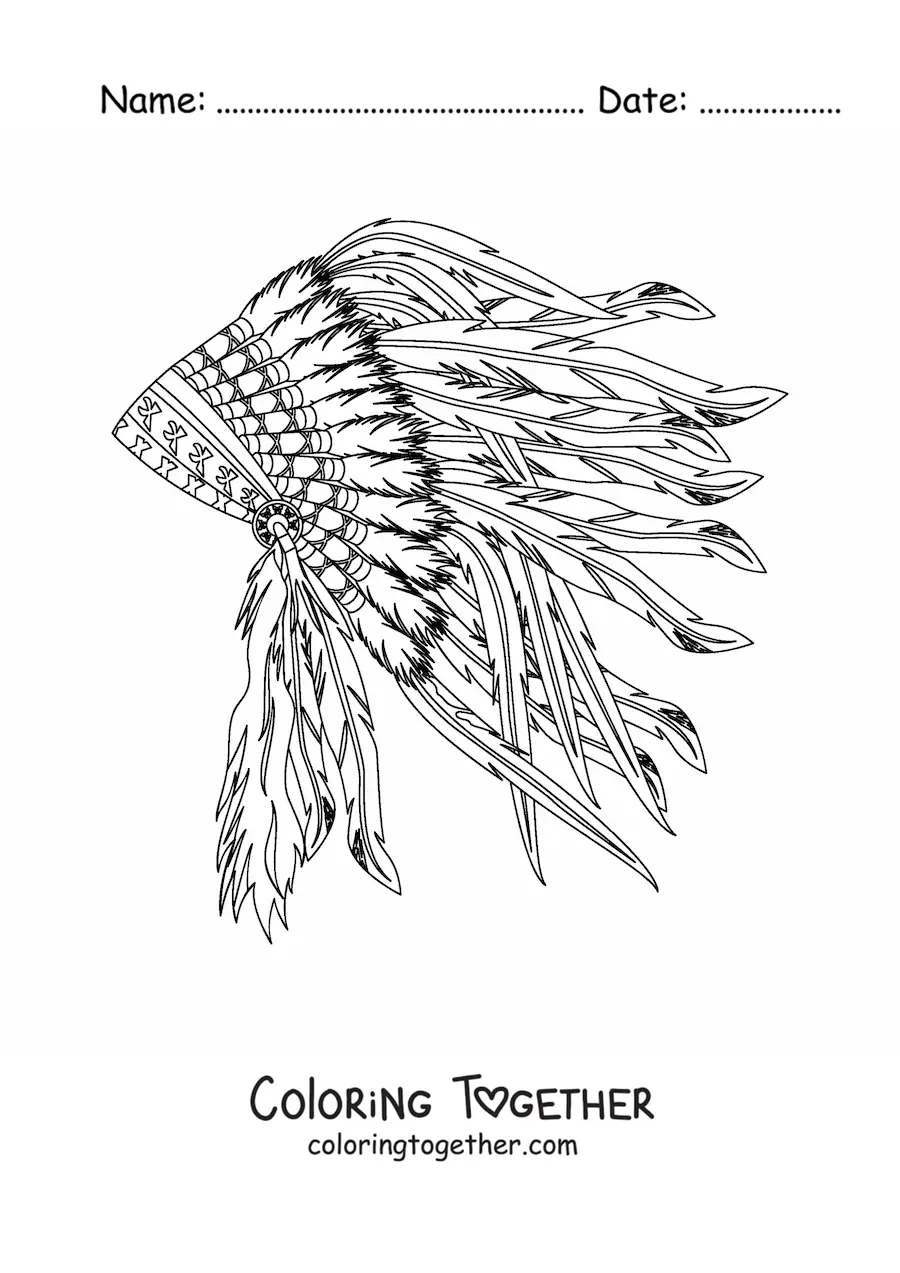 Coloring page of a Native American tribal feather headdress