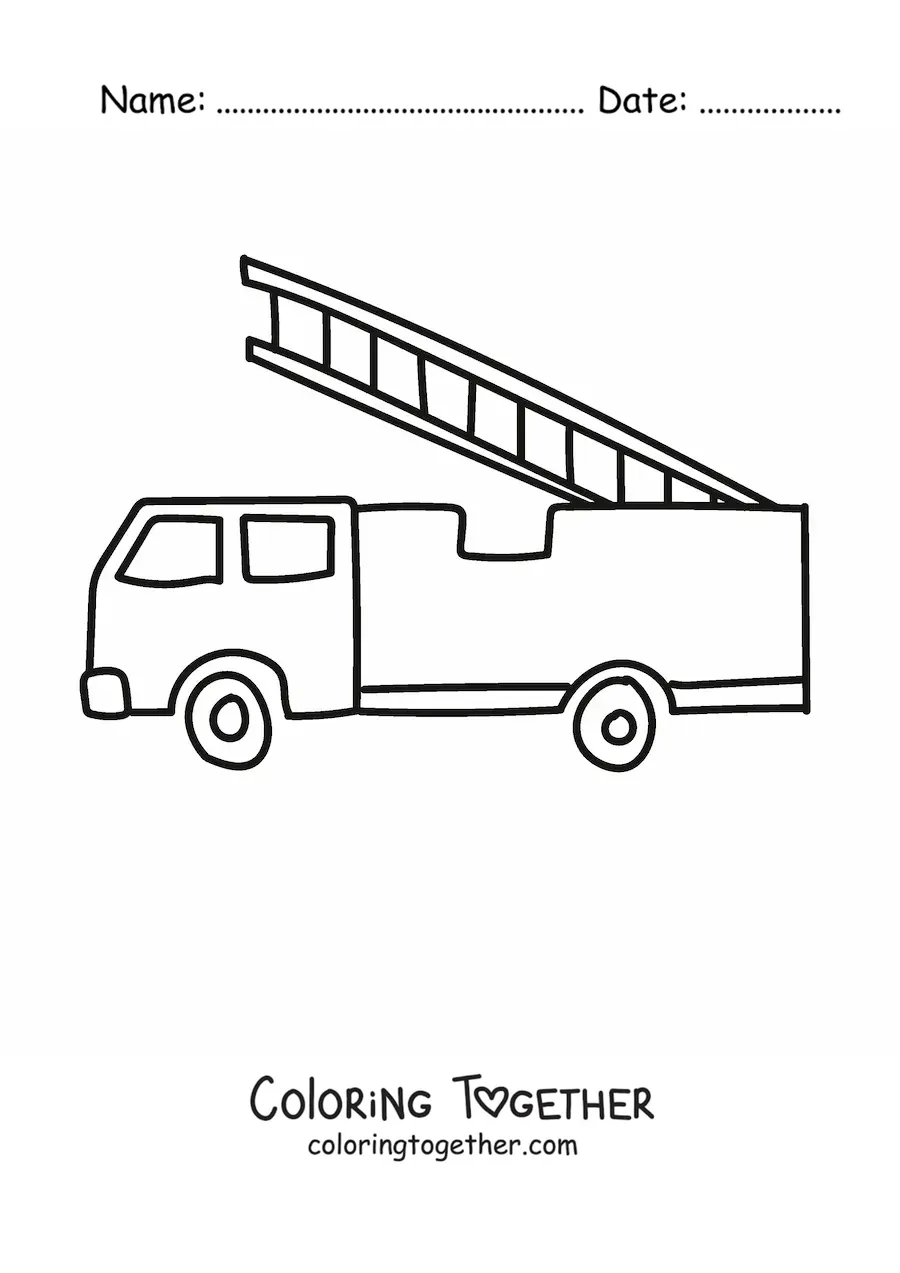 Coloring page of a simple fire truck with the ladder raised