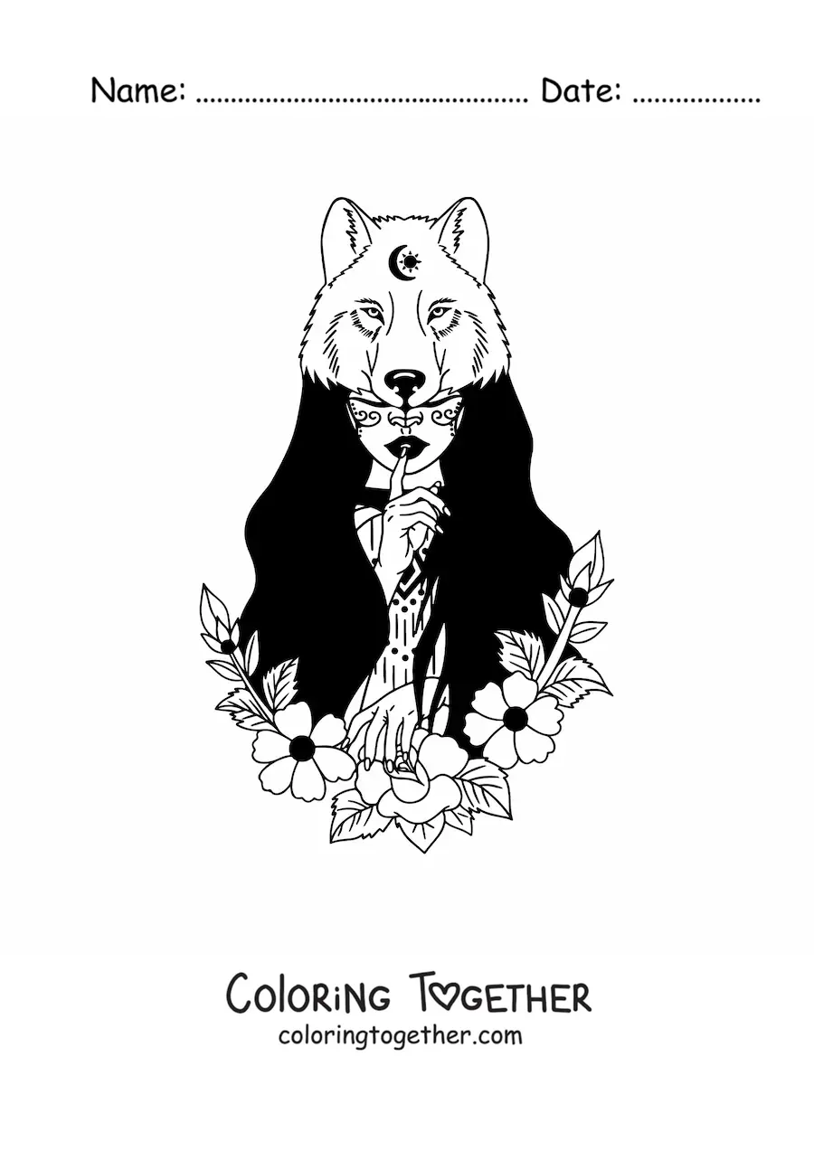 Coloring page of a beautiful Native American tribe girl with a bear skin