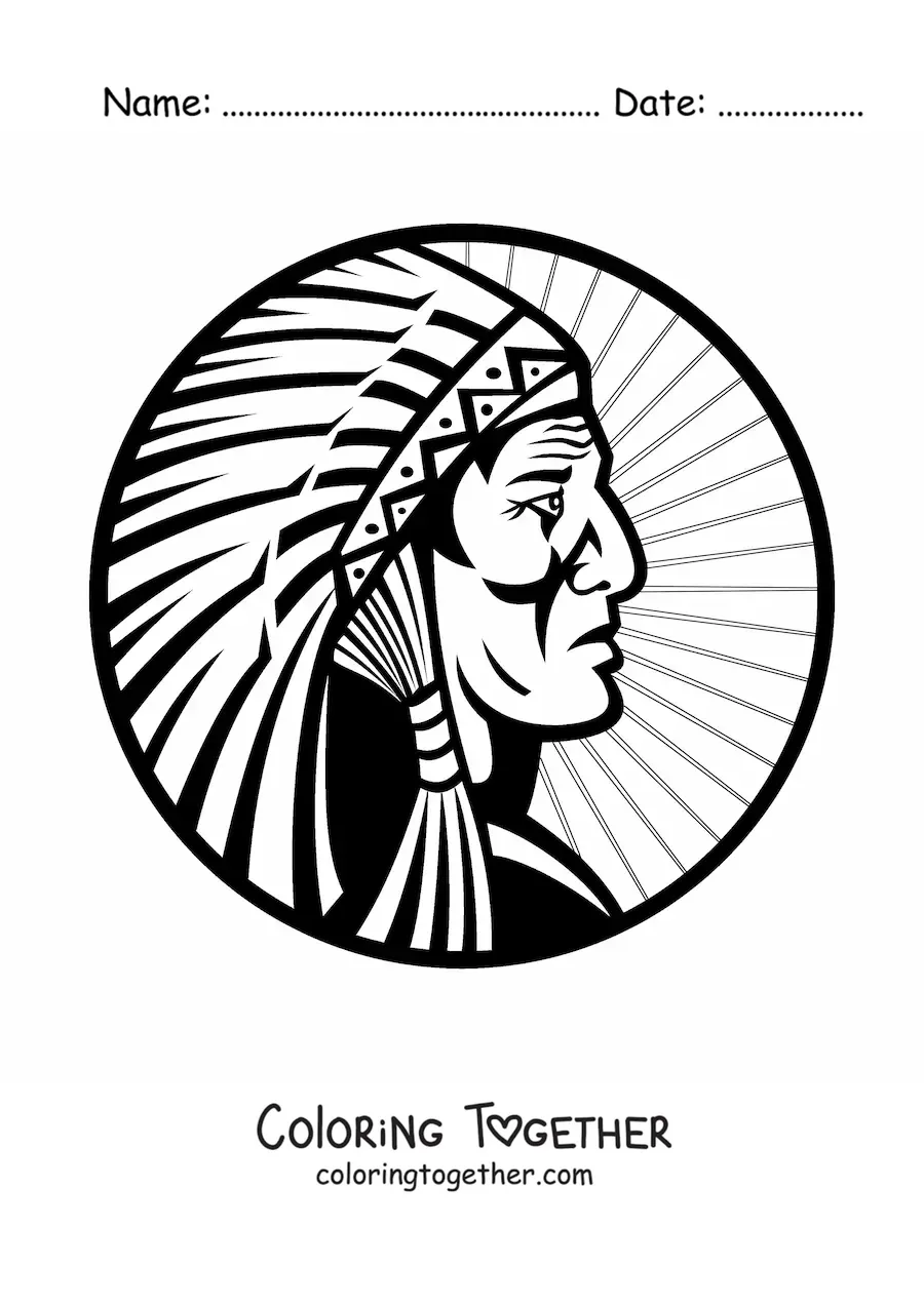 Coloring page of a Native American tribe chief with a feather headdress