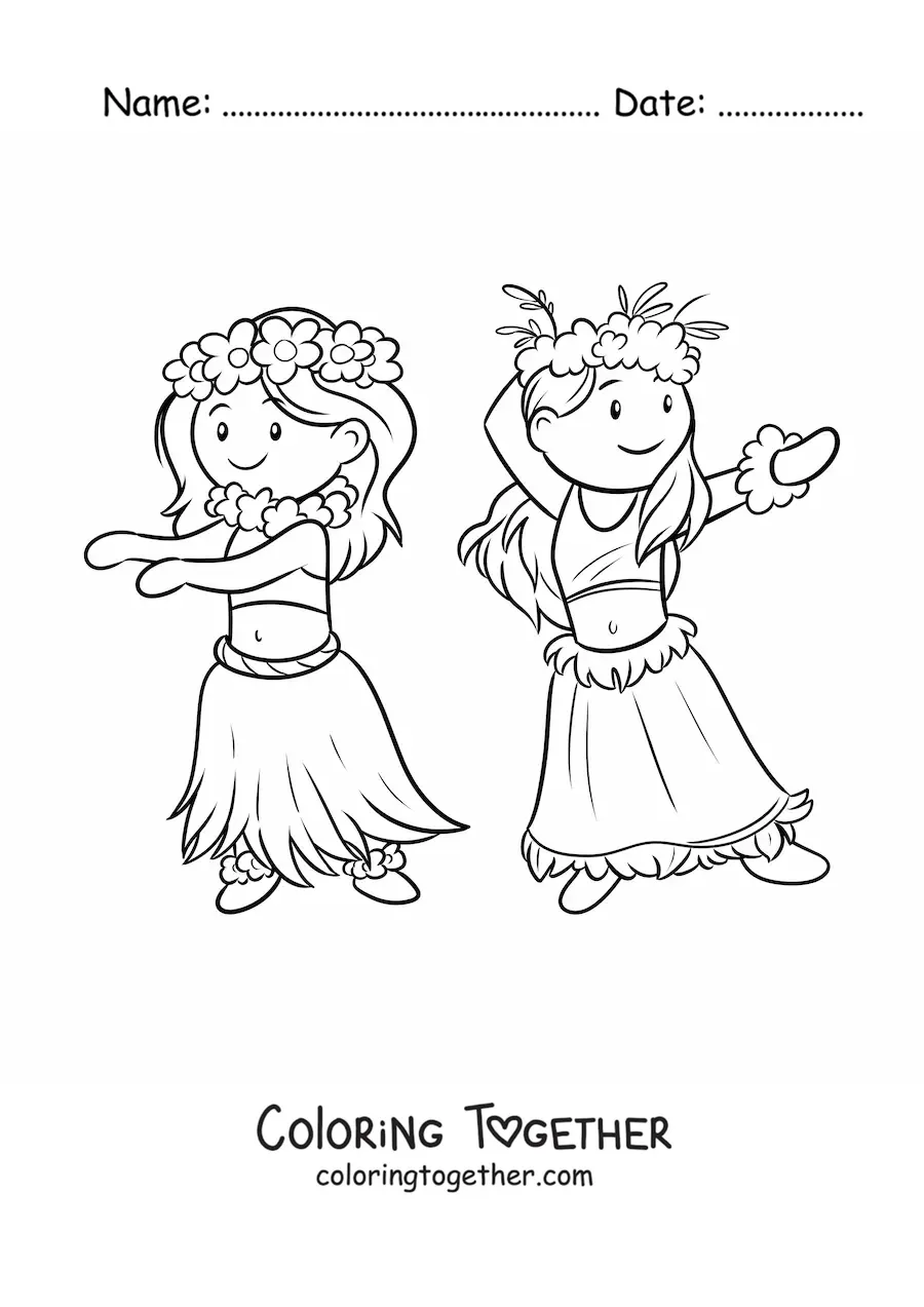 Coloring page of Hawaiian girls dancing the hula