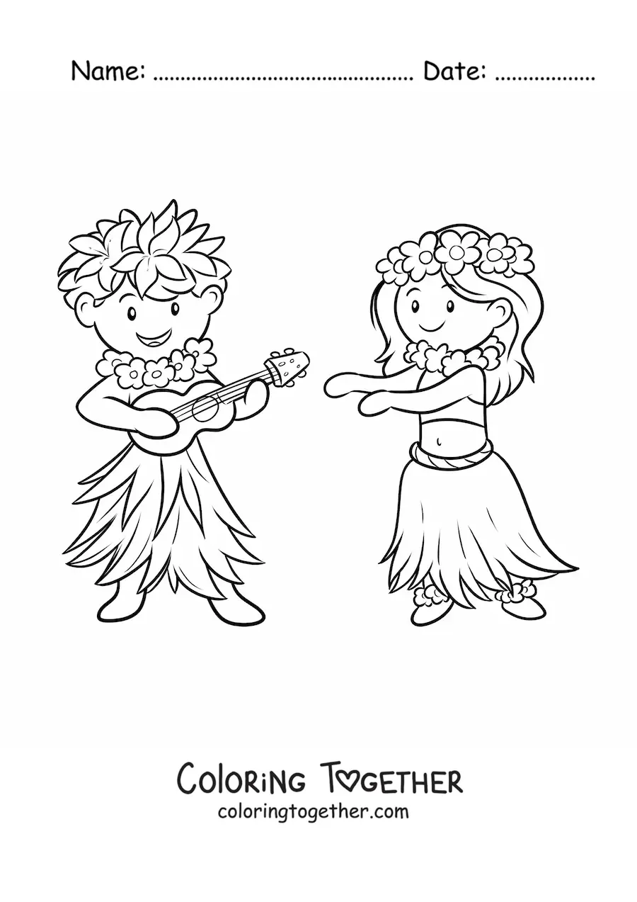 Coloring page of a Hawaiian boy with a guitar and a hula dancer