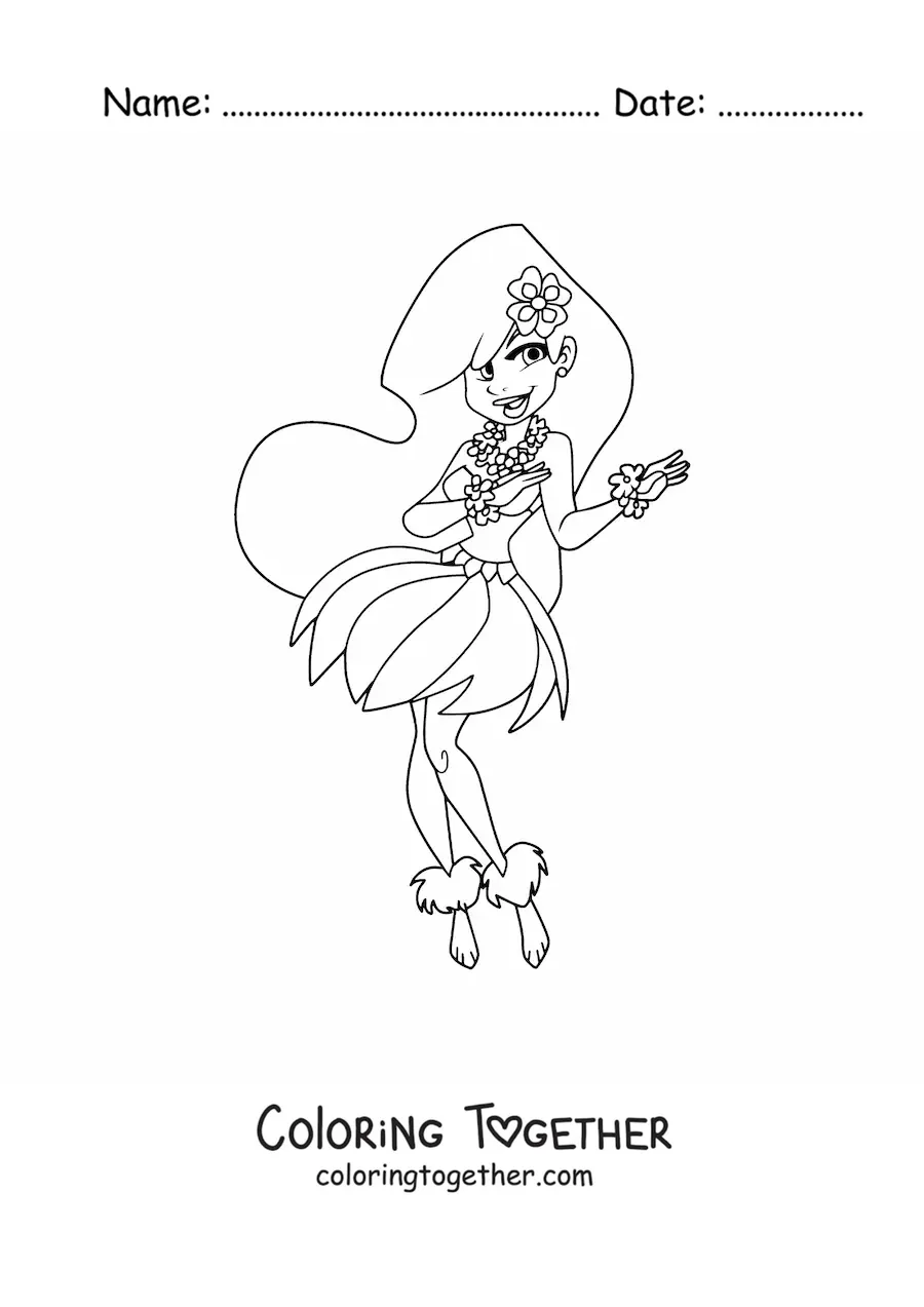 Coloring page of a cartoon hula dancer