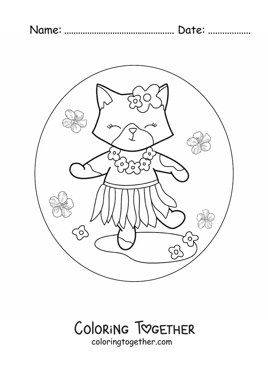 Coloring page of a cartoon cat dancing the hula