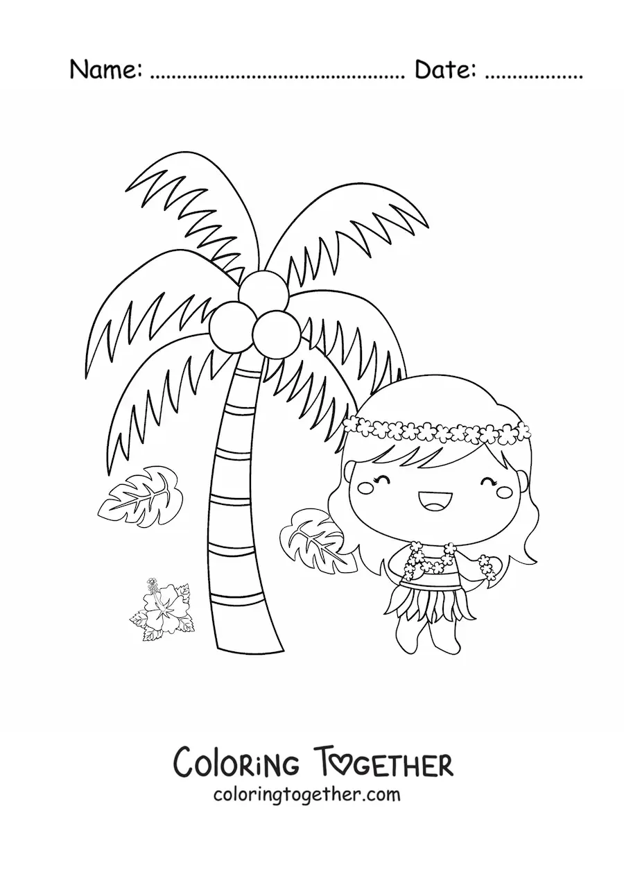 Coloring page of a cute kawaii cartoon hula dancer next to a palm tree