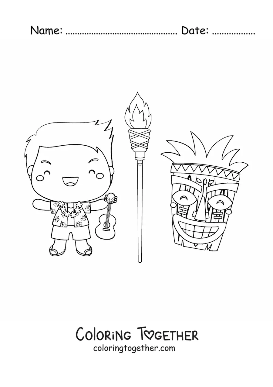 Coloring page of a cute kawaii cartoon boy with a guitar and a tiki mask