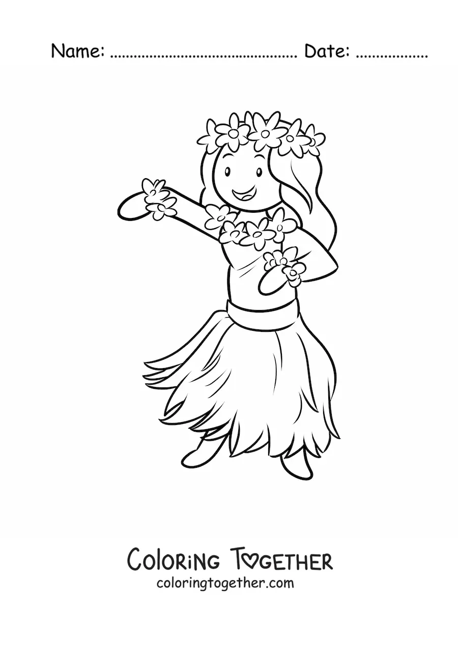 Coloring page of a hula dancer girl