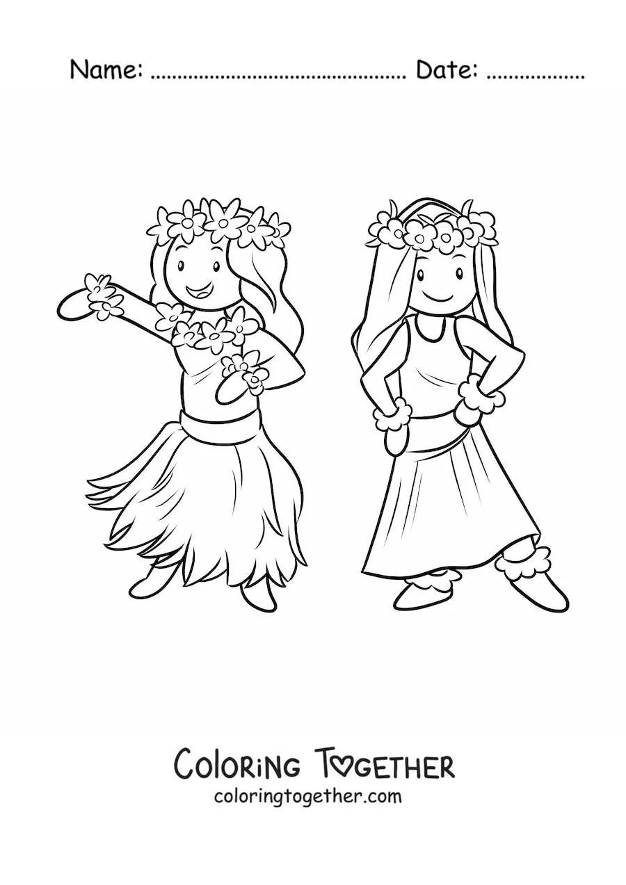 Coloring page of hula dancer girls